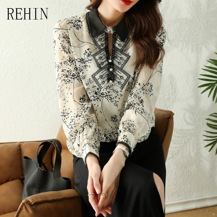 เสื้อสตรี-rehin-ใหม่เกาหลีพิมพ์เสื้อแขนยาว-jacquard-ดอกไม้พิมพ์เสื้อชีฟอง