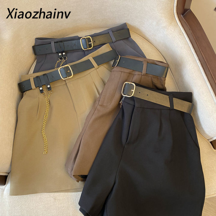 xiaozhainv-ชุดสูทเอวสูงสีทึบและกางเกงขาสั้นสำหรับผู้หญิงฉบับภาษาเกาหลี