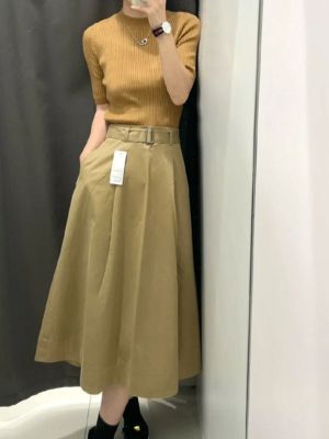 Uniqlo Uniyi᷂ Flagship 2023 Autumn Pure Cotton Skirt Flared Skirt Casual Slim High Waist Long Skirt 463306