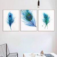 โปสเตอร์ขนนกยูงสีฟ้าที่สวยงามสำหรับตกแต่งบ้าน-Modern Nordic Wall Art พิมพ์บนผ้าใบ-ปรับแต่งได้