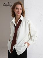 ♞☊✗ Zadily 2023 Spring Minimalist Long Sleeve Button Up Shirt Women Korean Style Solid Tie Oversize Shirts Blouse Loose Clothes Tops