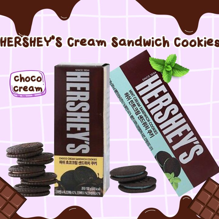 ขนมเกาหลี-hersheys-choco-and-mint-cream-sandwich-cookies-เฮอร์ชี่ส์สอดไส้ครีมรสช็อคโกแลตและมิ้นท์-นำเข้าจากเกาหลี