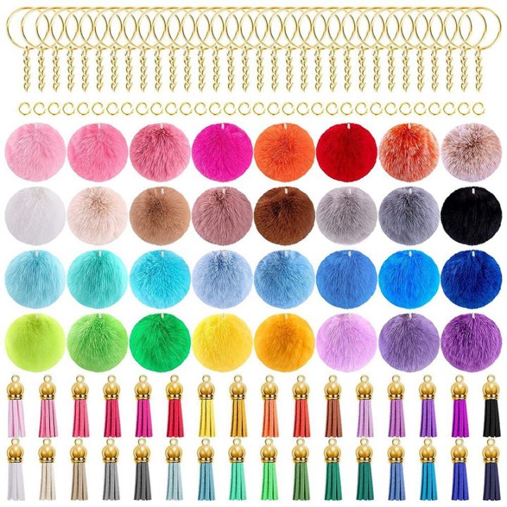 160-pcs-keychain-pom-pom-set-fluffy-pom-pom-balls-gold-key-ring-faux-fur-pom-pom-for-diy-projects-random-color