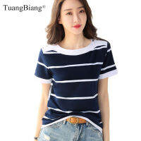 Lady 2022 Summer Blue White Striped Short Sleeve Cotton T-Shirt Women Button O-Neck Elegant Plus Size Tshirt Female Fashion Tops