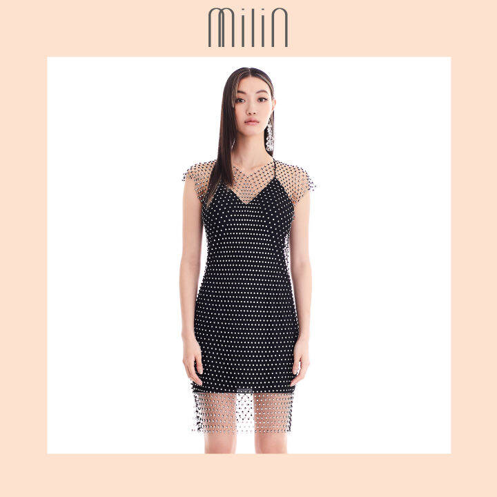 milin-crystal-netted-mesh-overlay-mini-dress-with-v-neckline-เดรสสั้นคล้องคอ-คอวี-แต่งทับด้วยเดรสตาข่าย-แต่งคริสตัล-avalon-dress-สีชมพู-สีขาว-สีดำ-pink-white-black