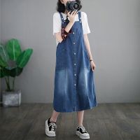 #2167 Blue Denim Dress Women Sleeveless A-line Jeans Dress Loose Single Breasted Overalls Denim Dress Pockets Vintage Summer