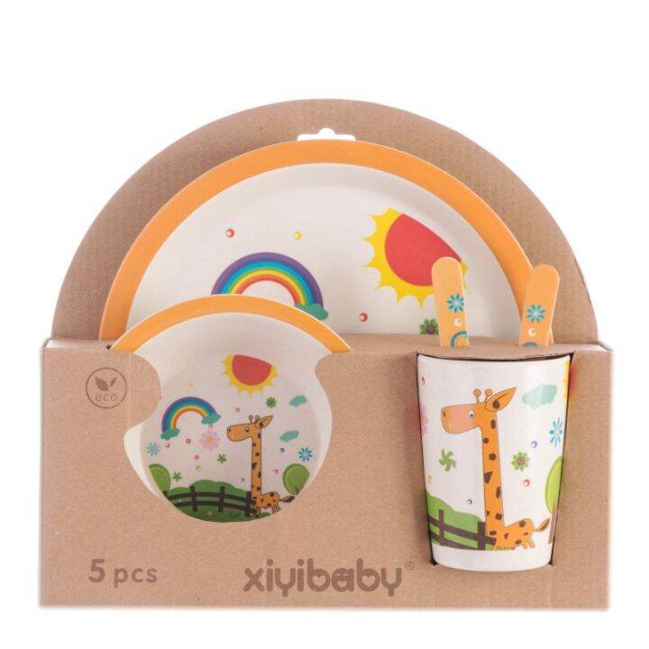 childrens-tableware-five-piece-suit-disc-bamboo-plate-cartoons-set-of-dishes-plates-baby-tableware-bowl-cup-fork-spoon