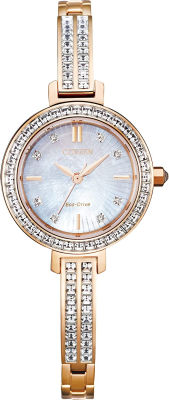 Citizen Womens Classic Eco-Drive Watch, Stainless Steel Pink Gold Bracelet, White Dial
