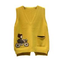 【YP】 Sem mangas com decote em v camisola feminina colete primavera outono moda coreana dos desenhos animados bolsos knitted pullovers roupas femininas jumper