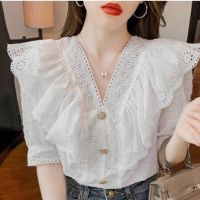 เสื้อลูกไม้ เสื้อลูกไม้ไซส์ใหญ่ Summer Short Sleeve T Shirt WomenS Top Lace Ruffled V Neck Shirt Temp