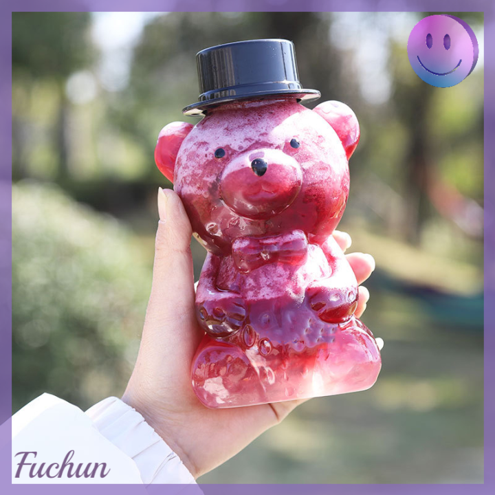 fuchun-ขวดการดื่มเครื่องดื่มใสทรงหมี500มล-สำหรับเครื่องดื่มเย็นขวดน้ำผลไม้ชานมชานมขวดมีหลอดใส่น้ำผึ้ง