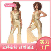 ชุดการแสดงไนท์คลับในยุโรปและอเมริกา ผู้ใหญ่หญิงวินเทจ disco ชุดเต้นรำผ้าไหมน้ำแข็งสีทอง กางเกงขาบานแบบชิ้นเดียว
