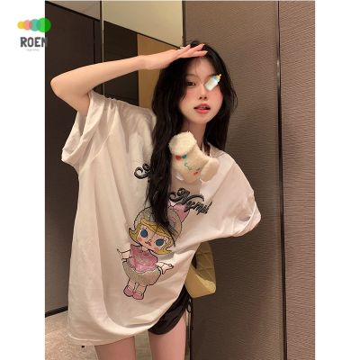 Cartoon print short sleeve temperament round neck summer T-shirt lazy top slimming loose pullover female student mid-length