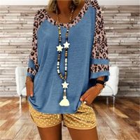 [COD] 2023 autumn new independent station wish hot style European and womens leopard stitching seven-point T-shirt top