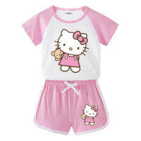 Kitty Cat Girls Boys Short Sleeve T-shirt/Pajamas Shorts Kids Baby Hot Pants Short Sleeve T-Shirt Shorts Casual Sports