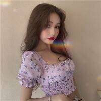 Square Collar Half-Sleeved Shirt Korean Hyuna Style Vintage Time Temperament Slim-Fit Slimmer Look Floral Short Top Girls