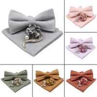 Men Super Soft Suede Solid Color Cotton Bow Tie Handkerchief Brooch Set Bowtie Orange Pink Blue Butterfly Wedding Novelty Gift Boys Clothing