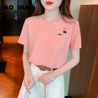 AOLINA เสื้อยืดคอกลมสีขาวทรงหลวมลายหมี AOLINA 2023ใหม่ฤดูใบไม้ผลิและฤดูร้อนสไตล์ต่างประเทศเสื้อยืดผ้าฝ้ายแขนสั้นลายหมี