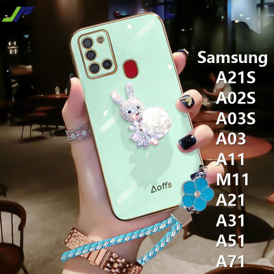 JieFie สำหรับ Samsung Galaxy A21S / A02S / A03S / A04S / A11 / M11 / A31 / A51 / A71 / A02 / A03 / A04 เพชรดอกไม้กระต่ายโทรศัพท์กรณี Chrome สีสันอ่อน TPU ฝาครอบโทรศัพท์ + สายคล้อง