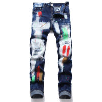 Products In Stock New 2023 Spring Punk Mens Jeans Ripped Paint Polished White Skinny Mid-Waist Mens Fashion