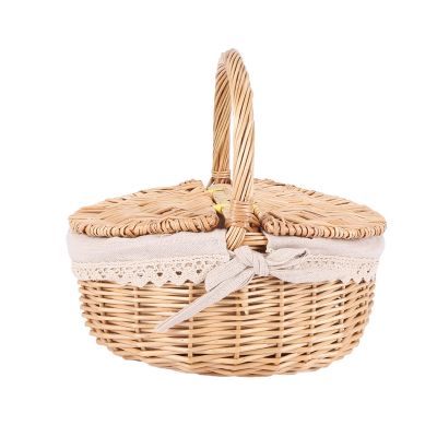 Handmade Wicker Basket with Handle Wicker Camping Picnic Basket with Double Lids Storage Hamper Basket with Cloth Lining