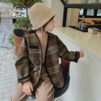 Girls Jacket Plaid Korean Woolen Cloth Quilted Padded Jacket Outerwear 2021 Autumn and Winter Long Sleeve Cotton Clothes New