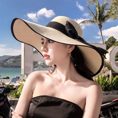 【CC】Women Summer Beach Travel Straw Hat Korean Seaside Big Hat Brim Sunblock Sunshade Holiday Foldable Fashion Big Cool Hat