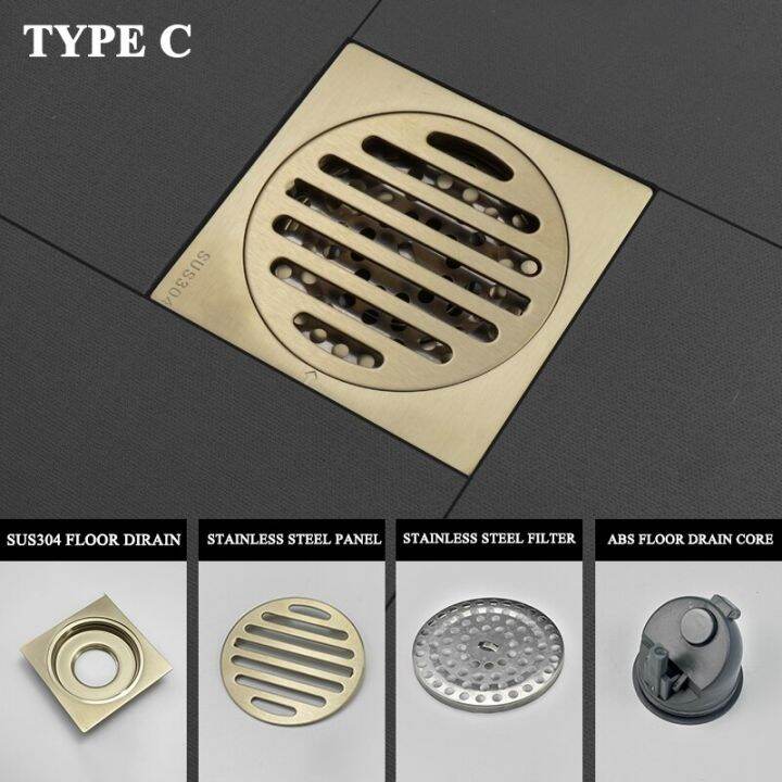 brushed-gold-floor-drains-stainless-steel-shower-floor-drain-bathroom-deodorant-square-floor-drain-strainer-cover-grate-waste-by-hs2023