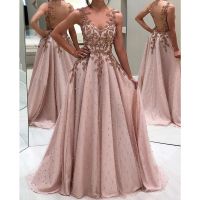 【HOT】♂❖ pearls prom dresses 2020 pink sweetheart neckline lace appliques a line tulle long evening vestido gala