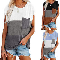 【cw】2021 Summer European and American New Cross-Border Womens Short Sleeve T Shirt Contrast Color Pocket Decorative Top ！