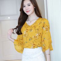 Summer blouse floral print chiffon blouse womens short-sleeved blouse Korean casual womens clothing