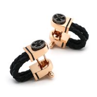 Mens Luxury Cufflinks Rose Gold Plating Black Leather Chain Design With Vintage Gear Quality Business Cuff Links Cuff Link