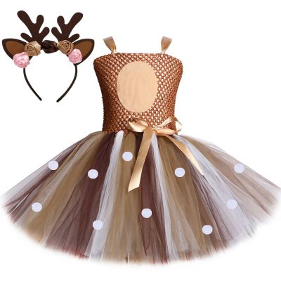 Deer Costume for Girls Halloween Christmas Tutu Dress Reindeer Elk Cosplay Fancy Dress Up Kids Girl Birthday Party Clothes 1-12Y