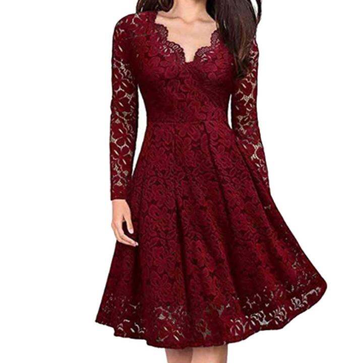 retro-women-dresses-lace-floral-v-neck-long-sleeve-tight-waist-a-line-party-midi-dress-tight-waist-party-dress-women