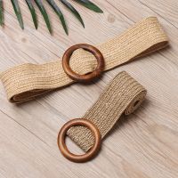 Women Casual Wide Round Wooden Buckle Straw Belt PP Straw Fashion Elastic Waist Chain Dress Belt Shirt Body Jewelry Necklace Belts