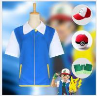 Anime Cosplay Ash Ketchum Cosplay Costume Blue Jacket Hat Gloves Poke Ball Full Set Halloween Costumes