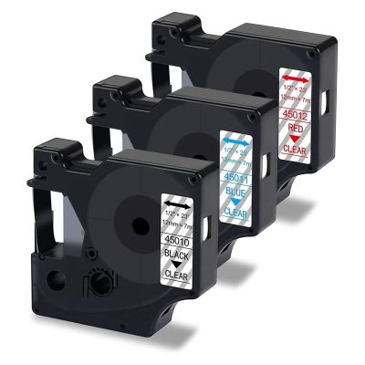 3 Pack for DYMO D1 Label Tape Clear 45010 45011 45012, Black Blue Red on Clear for LabelManager 160 280 220P Label Maker
