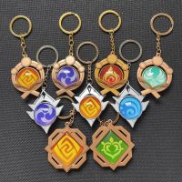 Game Genshin Impact Vision Lnazuma Ganyu Keqing Wendi Xiao Keychain Luminous 7 Element Weapons Eye Of God Toy KeyRing