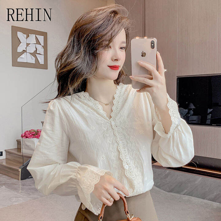 rehin-เสื้อลูกไม้คอวีสไตล์ฝรั่งเศสสำหรับผู้หญิง-เสื้อแขนยาวเสื้อแขนกว้างดีไซน์สวยหวาน