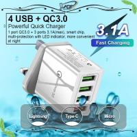 ❒▽ tqw198 ADX 4USB Port QC3.0 Fast Charging Quite Charging Travel Adapter UK Plug Charger Head For Huawei Android iPhone