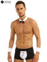 ZZOOI Sexy Mens Waiter Gentleman Lingerie Set Bow Tie Collar Boxer Briefs with Bracelets Tuxedo Cosplay Outfits Clubwear