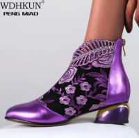 2021 New Ankle Boots Womens Shoes Leather Boots Embroidery Ethnic Bohemia Zipper Spring Autumn Ladies Botas Botas De Mujer