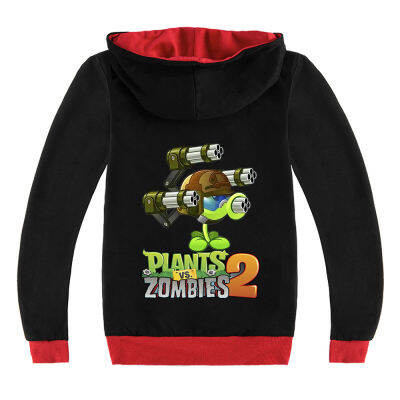 Plants Vs. Zombies แขนยาวฤดูใบไม้ผลิและฤดูใบไม้ร่วงเสื้อผ้าเด็กเสื้อแจ็คเก็ตสำหรับชาย15ปีหญิง3-16ปีสีดำ/ สีเทา Hooded Zipper เสื้อกันหนาวผ้าฝ้าย + โพลีเอสเตอร์