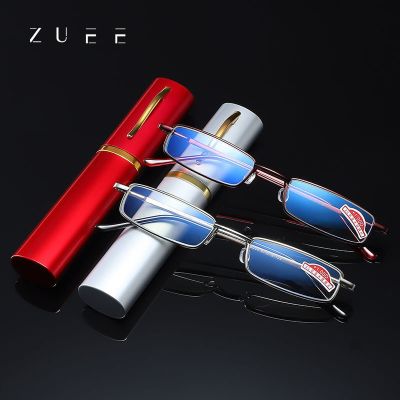 [HOT 2023] ZUEE แว่นตาอ่านหนังสือ Anti-Blue Light สำหรับชายหญิงกรอบโลหะแบบพกพา HD ที่วางปากกา Ultralight แว่นตาป้องกัน