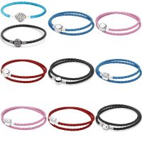 Genuine Leather Ball Barrel Love Knot Braided Seashell Clasp Bracelet Bangle Fit Fashion 925 Sterling Silver Bead Charm Jewelry