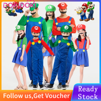 Dokidoki ชุดคอสเพลย์ Super Mario ช่างประปา Luigi ชุดจั๊มสูทสำหรับเด็กผู้ใหญ่ + เครา + หมวกชุดเดรสเด็กผู้หญิงกระโปรงชุดคาร์นิวัลสำหรับงานปาร์ตี้