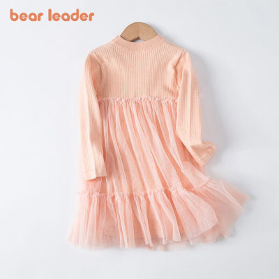 Bear Leader สำหรับเด็กผู้หญิง1-5ปีชุดลำลอง2023ใหม่ฤดูใบไม้ร่วงฤดูหนาวชุดเดรสตาข่ายการเย็บถักแบบปะติดปะต่อกันแขนคอกลมยาว