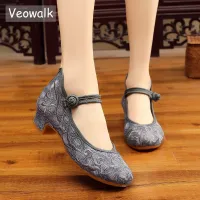 Veowalk Flower Embroidered Women Low Block Heel Canvas Pumps Ankle Strap Elegant Ladies Comfort Chinese Cheongsam Cotton Shoes Haberdashery