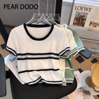 PEAR DODO เสื้อยืดคอกลมเสื้อแขนสั้นผ้าไหมน้ำแข็งลายทางผ้าถักแนวเกาหลีสำหรับผู้หญิง