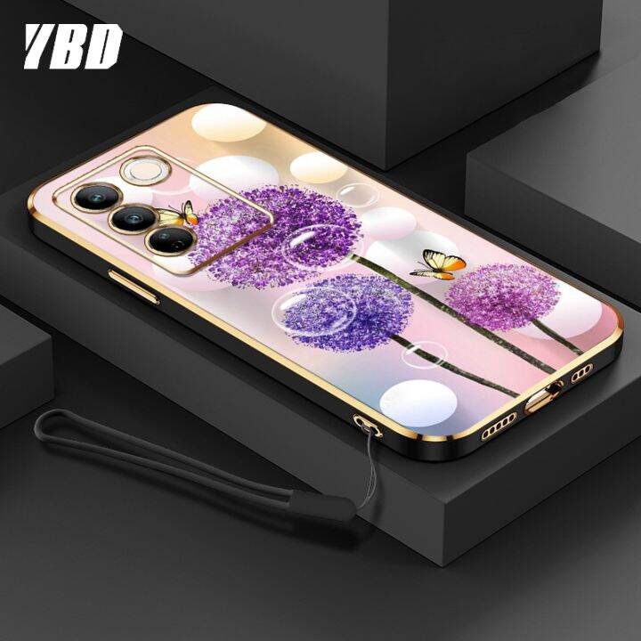 ybdเคสใหม่สำหรับ-vivo-v27e-v27-s16e-s16-s16-pro-v27-pro-เคสโทรศัพท์นิ่มชุบโครเมี่ยมสุดหรูแฟชั่นสีสันสดใสฟรีสายคล้องเคสแบบดอกไม้ผีเสื้อ